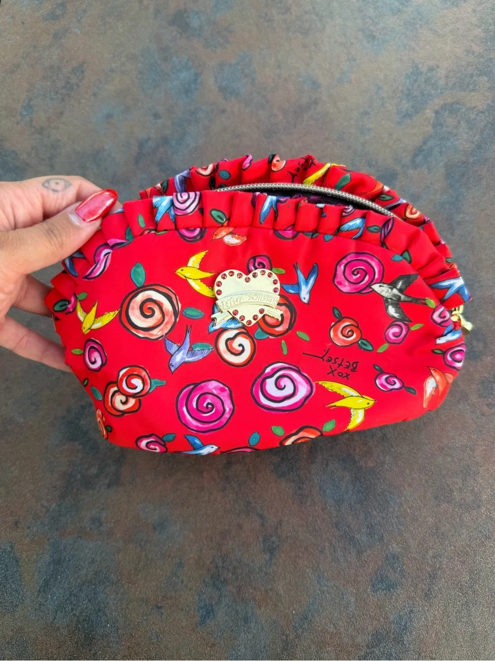 Betsey Johnson Red Cosmetics Pouch With Heart Gem Zipper